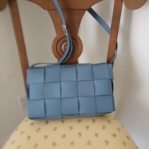 Valentina Fiore genuine woven Italian leather cotton blue color.NWOT.